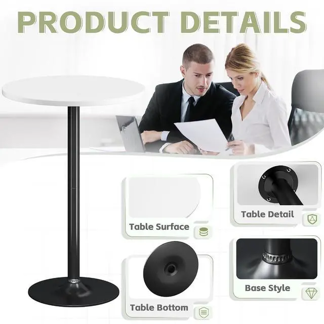 Alt view image 4 of 7 - Round Bistro Pub Table Modern Style Metal Base MDF Top Cocktail Bar Table Counter Bar Height for Pub, Dining Room, Party (4, White-Black)