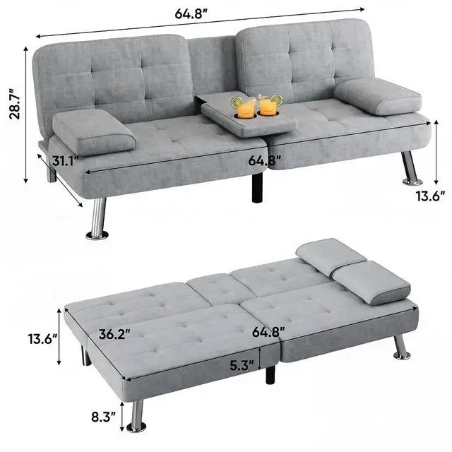 Alt view image 3 of 7 - Futon Sofa Bed Modern Folding Futon Set Linen Fabric Convertible Recliner Lounge for Living Room with 2 Cup Holders, Removable Armrests (Fabric, Light Grey)