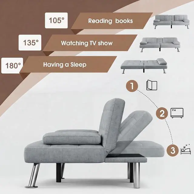 Alt view image 4 of 7 - Futon Sofa Bed Modern Folding Futon Set Linen Fabric Convertible Recliner Lounge for Living Room with 2 Cup Holders, Removable Armrests (Fabric, Light Grey)