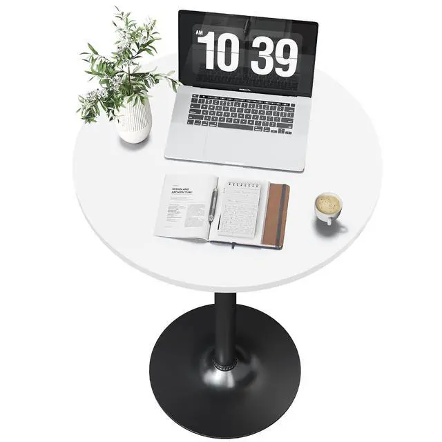 Alt view image 5 of 7 - Round Bistro Pub Table Modern Style Metal Base MDF Top Cocktail Bar Table Counter Bar Height for Pub, Dining Room, Party (4, White-Black)