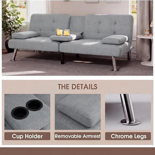 Alt view image 5 of 7 - Futon Sofa Bed Modern Folding Futon Set Linen Fabric Convertible Recliner Lounge for Living Room with 2 Cup Holders, Removable Armrests (Fabric, Light Grey)