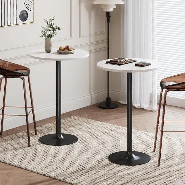 Alt view image 2 of 7 - Round Bistro Pub Table Modern Style Metal Base MDF Top Cocktail Bar Table Counter Bar Height for Pub, Dining Room, Party (4, White-Black)