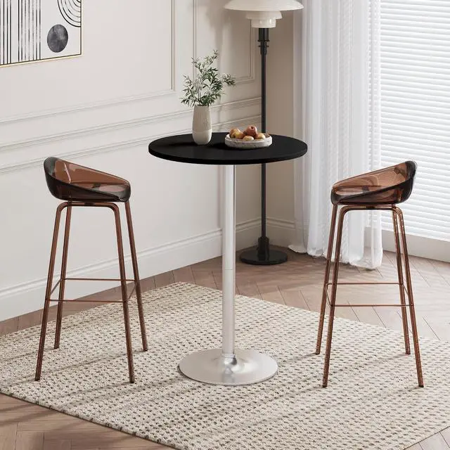 Alt view image 2 of 7 - Round Bistro Pub Table Modern Style Metal Base MDF Top Cocktail Bar Table Counter Bar Height for Pub, Dining Room, Party (1, Black-Silver)