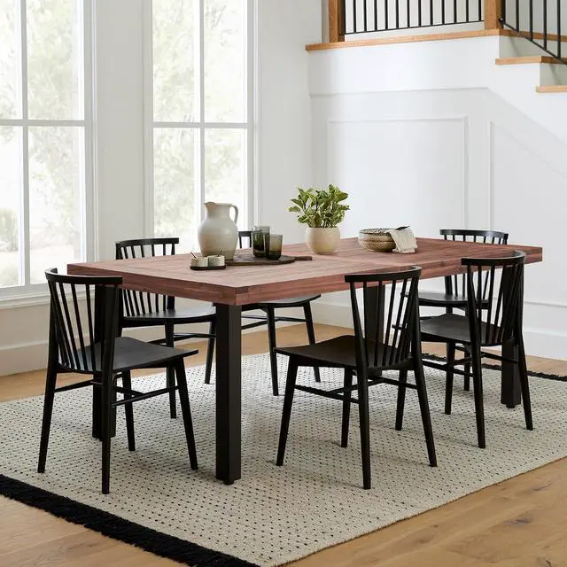 Alt view image 3 of 7 - Dining Table for 6 FSC Acacia Wood Indoor Outdoor Home Kitchen Table with Iron Legs Large Rectangular Patio Table for Deck, Sunroom (Walnut)