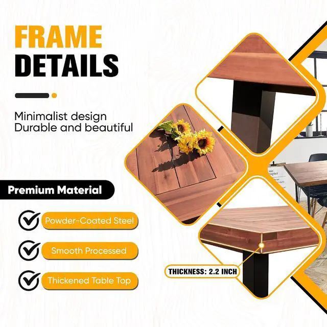 Alt view image 5 of 7 - Dining Table for 6 FSC Acacia Wood Indoor Outdoor Home Kitchen Table with Iron Legs Large Rectangular Patio Table for Deck, Sunroom (Walnut)