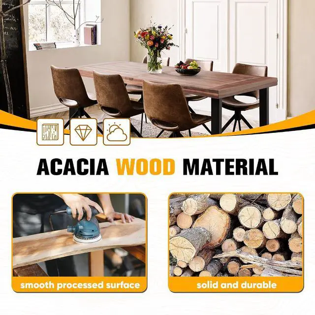 Alt view image 6 of 7 - Dining Table for 6 FSC Acacia Wood Indoor Outdoor Home Kitchen Table with Iron Legs Large Rectangular Patio Table for Deck, Sunroom (Walnut)