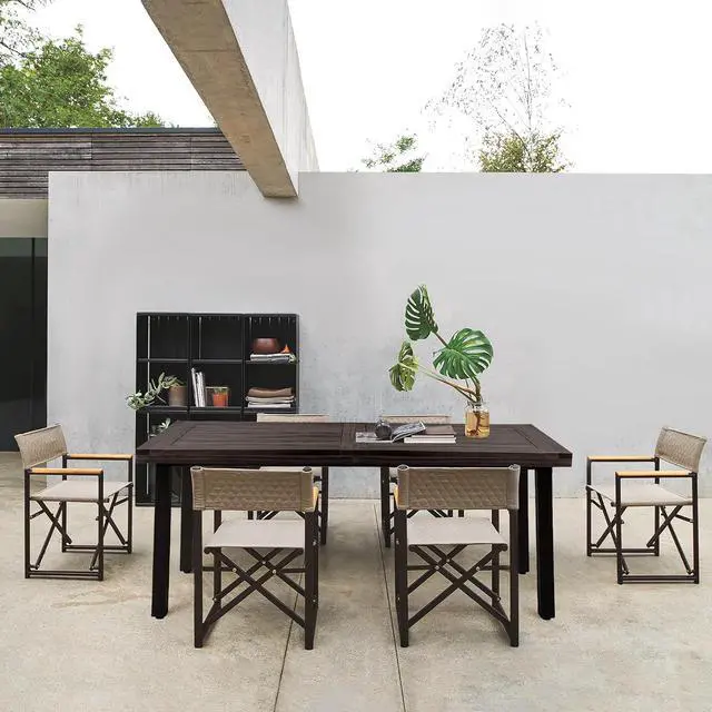 Alt view image 5 of 7 - Dining Table for 6 FSC Acacia Wood Indoor Outdoor Home Kitchen Table with Iron Legs Large Rectangular Patio Table for Deck, Sunroom (Espresso)