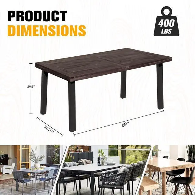 Alt view image 2 of 7 - Dining Table for 6 FSC Acacia Wood Indoor Outdoor Home Kitchen Table with Iron Legs Large Rectangular Patio Table for Deck, Sunroom (Espresso)
