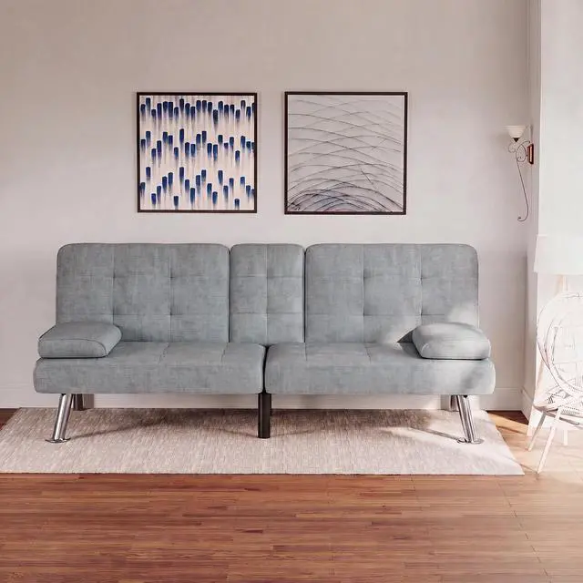 Alt view image 7 of 7 - Futon Sofa Bed Modern Folding Futon Set Linen Fabric Convertible Recliner Lounge for Living Room with 2 Cup Holders, Removable Armrests (Fabric, Light Grey)