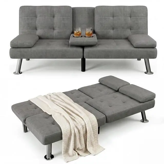 Main image of Futon Sofa Bed Modern Folding Futon Set Linen Fabric Convertible Recliner Lounge for Living Room with 2 Cup Holders, Removable Armrests (Fabric, Grey)