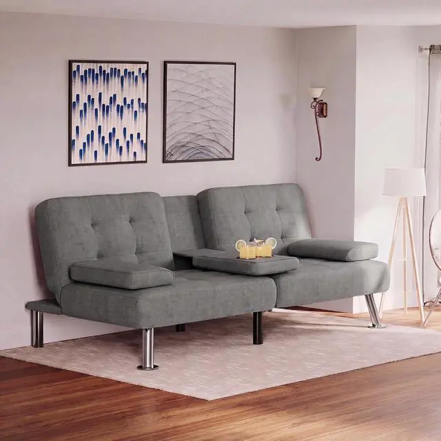 Alt view image 2 of 7 - Futon Sofa Bed Modern Folding Futon Set Linen Fabric Convertible Recliner Lounge for Living Room with 2 Cup Holders, Removable Armrests (Fabric, Grey)