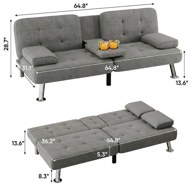 Alt view image 3 of 7 - Futon Sofa Bed Modern Folding Futon Set Linen Fabric Convertible Recliner Lounge for Living Room with 2 Cup Holders, Removable Armrests (Fabric, Grey)