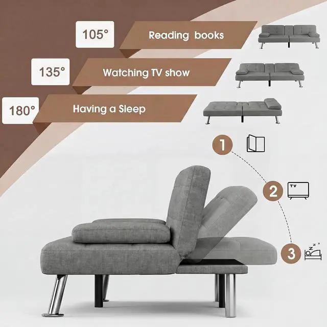 Alt view image 4 of 7 - Futon Sofa Bed Modern Folding Futon Set Linen Fabric Convertible Recliner Lounge for Living Room with 2 Cup Holders, Removable Armrests (Fabric, Grey)