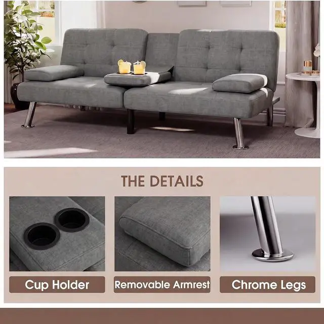 Alt view image 5 of 7 - Futon Sofa Bed Modern Folding Futon Set Linen Fabric Convertible Recliner Lounge for Living Room with 2 Cup Holders, Removable Armrests (Fabric, Grey)