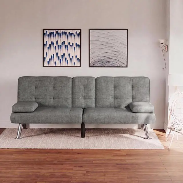 Alt view image 7 of 7 - Futon Sofa Bed Modern Folding Futon Set Linen Fabric Convertible Recliner Lounge for Living Room with 2 Cup Holders, Removable Armrests (Fabric, Grey)