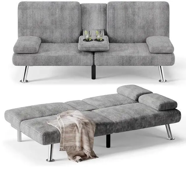 Main image of Futon Sofa Bed Modern Folding Futon Set Convertible Recliner Lounge for Living Room with 2 Cup Holders, Removable Armrests (Corduroy, Marble Grey)