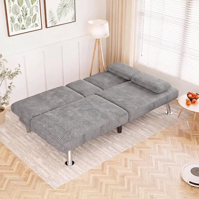 Alt view image 2 of 7 - Futon Sofa Bed Modern Folding Futon Set Convertible Recliner Lounge for Living Room with 2 Cup Holders, Removable Armrests (Corduroy, Marble Grey)