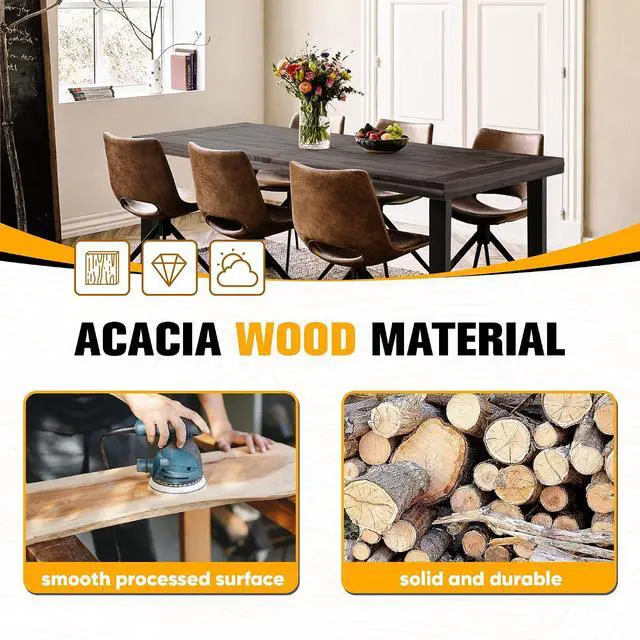 Alt view image 7 of 7 - Dining Table for 6 FSC Acacia Wood Indoor Outdoor Home Kitchen Table with Iron Legs Large Rectangular Patio Table for Deck, Sunroom (Espresso)