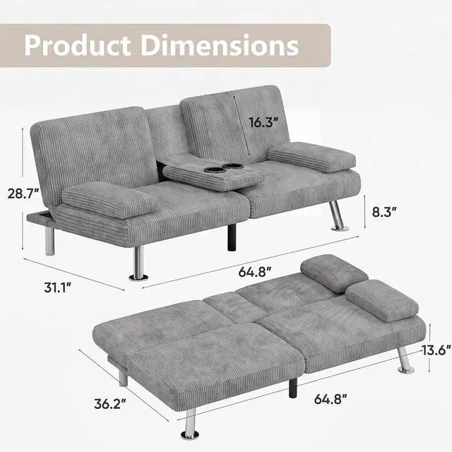 Alt view image 3 of 7 - Futon Sofa Bed Modern Folding Futon Set Convertible Recliner Lounge for Living Room with 2 Cup Holders, Removable Armrests (Corduroy, Marble Grey)