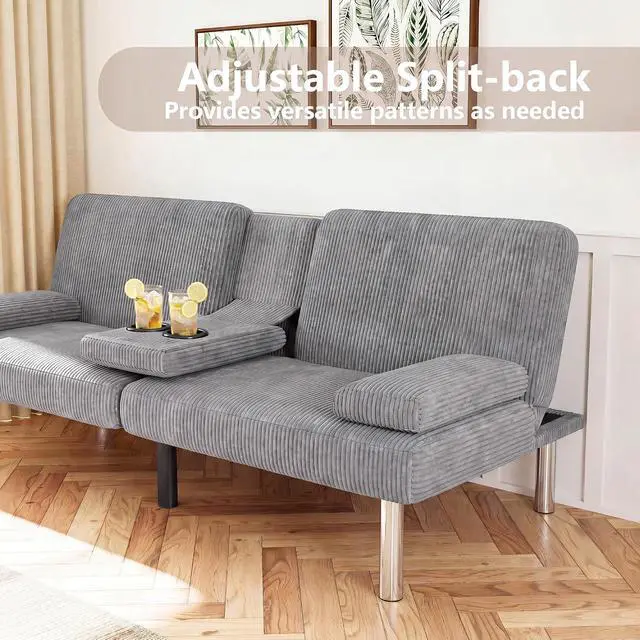 Alt view image 4 of 7 - Futon Sofa Bed Modern Folding Futon Set Convertible Recliner Lounge for Living Room with 2 Cup Holders, Removable Armrests (Corduroy, Marble Grey)