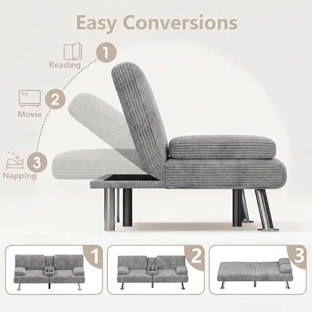 Alt view image 6 of 7 - Futon Sofa Bed Modern Folding Futon Set Convertible Recliner Lounge for Living Room with 2 Cup Holders, Removable Armrests (Corduroy, Marble Grey)