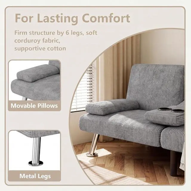 Alt view image 5 of 7 - Futon Sofa Bed Modern Folding Futon Set Convertible Recliner Lounge for Living Room with 2 Cup Holders, Removable Armrests (Corduroy, Marble Grey)