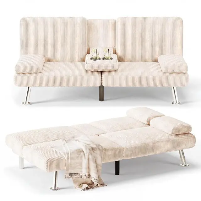 Main image of Futon Sofa Bed Corduroy Folding Couch Adjustable Sleeper Sofa Bed for Small Apartment Upholstered Living Room Furniture Set with 2 Cup Holders Removable Armrests (Corduroy, Beige)