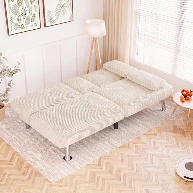 Alt view image 2 of 7 - Futon Sofa Bed Corduroy Folding Couch Adjustable Sleeper Sofa Bed for Small Apartment Upholstered Living Room Furniture Set with 2 Cup Holders Removable Armrests (Corduroy, Beige)