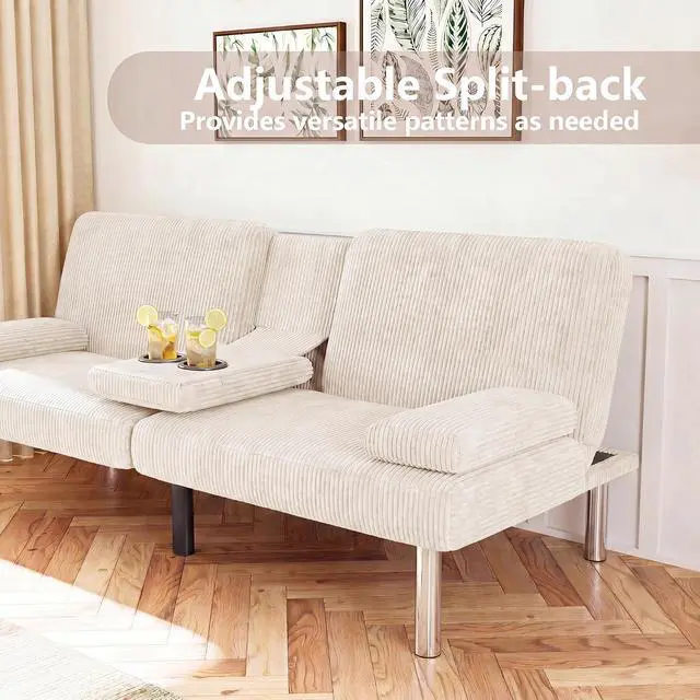 Alt view image 4 of 7 - Futon Sofa Bed Corduroy Folding Couch Adjustable Sleeper Sofa Bed for Small Apartment Upholstered Living Room Furniture Set with 2 Cup Holders Removable Armrests (Corduroy, Beige)