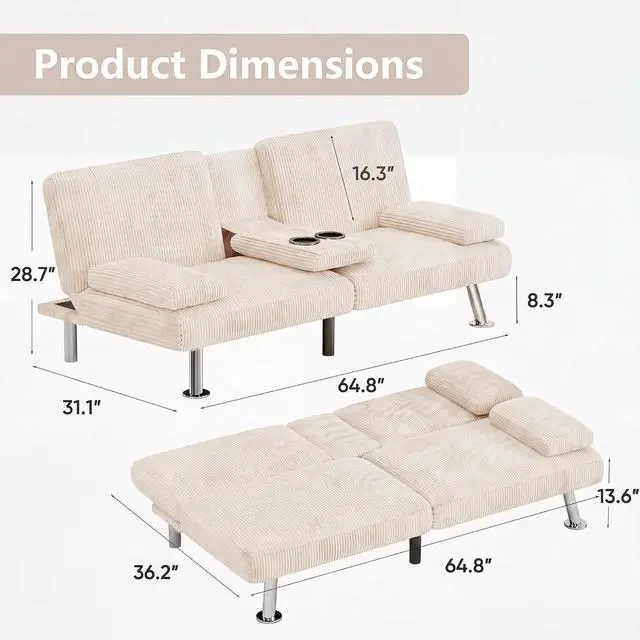 Alt view image 3 of 7 - Futon Sofa Bed Corduroy Folding Couch Adjustable Sleeper Sofa Bed for Small Apartment Upholstered Living Room Furniture Set with 2 Cup Holders Removable Armrests (Corduroy, Beige)