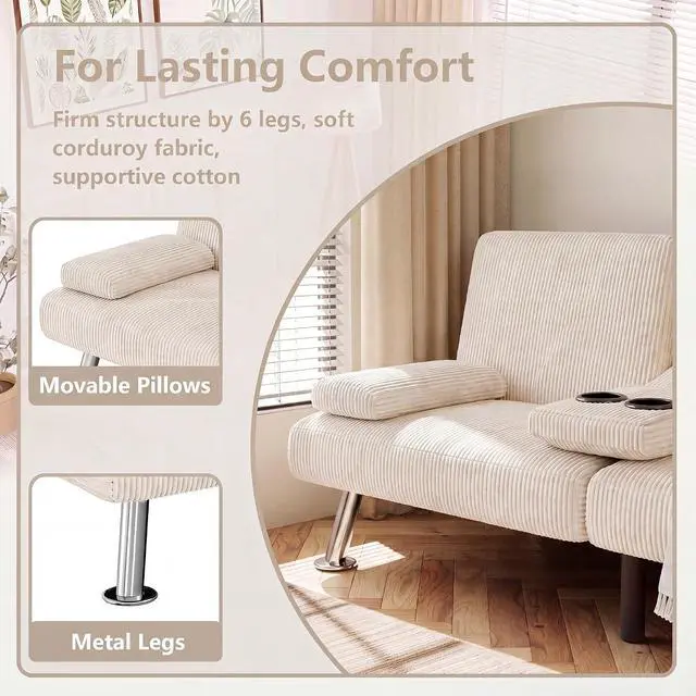 Alt view image 5 of 7 - Futon Sofa Bed Corduroy Folding Couch Adjustable Sleeper Sofa Bed for Small Apartment Upholstered Living Room Furniture Set with 2 Cup Holders Removable Armrests (Corduroy, Beige)