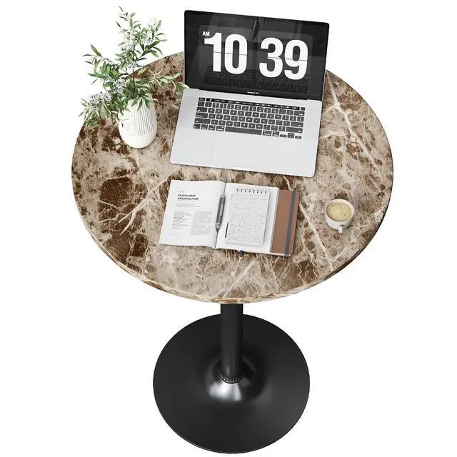 Alt view image 4 of 7 - Round Bistro Pub Table Modern Style Metal Base MDF Top Cocktail Bar Table Counter Bar Height for Pub, Dining Room, Party (1, Marble-Black)