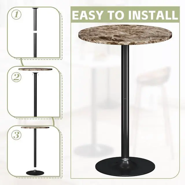 Alt view image 6 of 7 - Round Bistro Pub Table Modern Style Metal Base MDF Top Cocktail Bar Table Counter Bar Height for Pub, Dining Room, Party (1, Marble-Black)