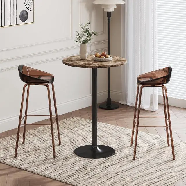 Alt view image 2 of 7 - Round Bistro Pub Table Modern Style Metal Base MDF Top Cocktail Bar Table Counter Bar Height for Pub, Dining Room, Party (1, Marble-Black)