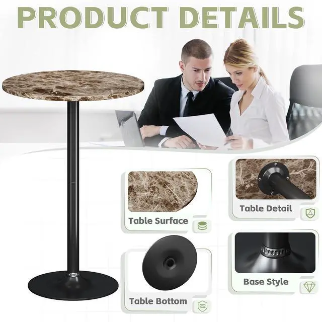 Alt view image 5 of 7 - Round Bistro Pub Table Modern Style Metal Base MDF Top Cocktail Bar Table Counter Bar Height for Pub, Dining Room, Party (1, Marble-Black)