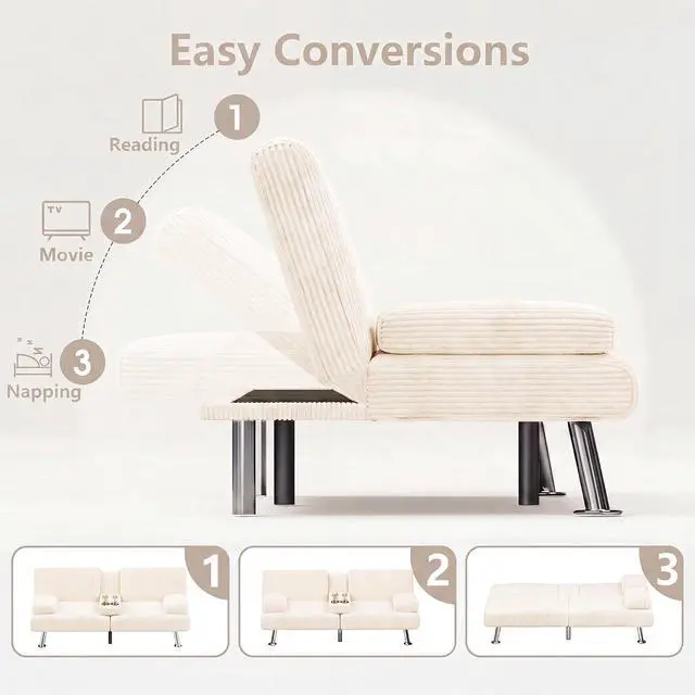 Alt view image 6 of 7 - Futon Sofa Bed Corduroy Folding Couch Adjustable Sleeper Sofa Bed for Small Apartment Upholstered Living Room Furniture Set with 2 Cup Holders Removable Armrests (Corduroy, Beige)