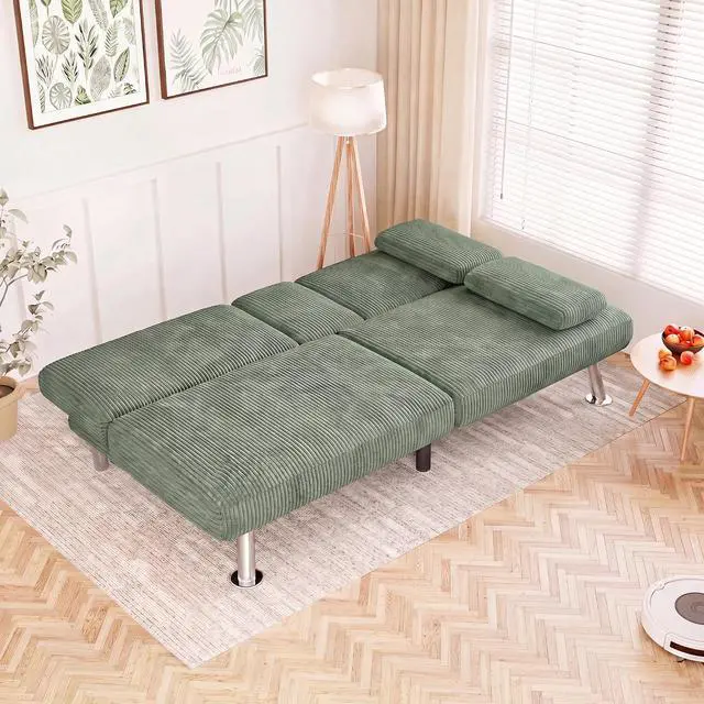 Alt view image 2 of 7 - Futon Sofa Bed Corduroy Folding Couch Adjustable Sleeper Sofa Bed for Small Apartment Upholstered Living Room Furniture Set with 2 Cup Holders Removable Armrests (Corduroy, Green)