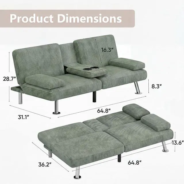 Alt view image 3 of 7 - Futon Sofa Bed Corduroy Folding Couch Adjustable Sleeper Sofa Bed for Small Apartment Upholstered Living Room Furniture Set with 2 Cup Holders Removable Armrests (Corduroy, Green)