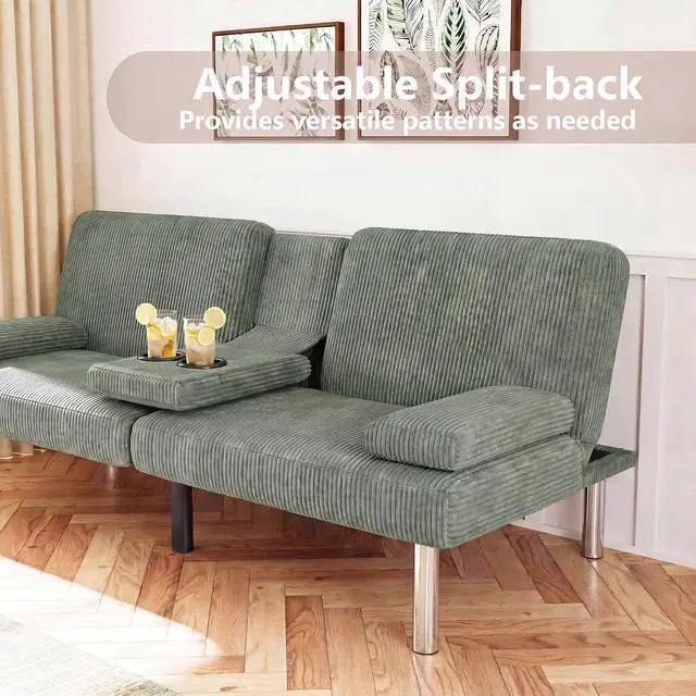 Alt view image 4 of 7 - Futon Sofa Bed Corduroy Folding Couch Adjustable Sleeper Sofa Bed for Small Apartment Upholstered Living Room Furniture Set with 2 Cup Holders Removable Armrests (Corduroy, Green)