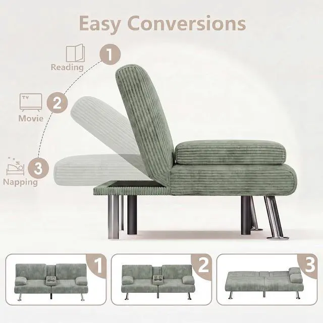 Alt view image 6 of 7 - Futon Sofa Bed Corduroy Folding Couch Adjustable Sleeper Sofa Bed for Small Apartment Upholstered Living Room Furniture Set with 2 Cup Holders Removable Armrests (Corduroy, Green)