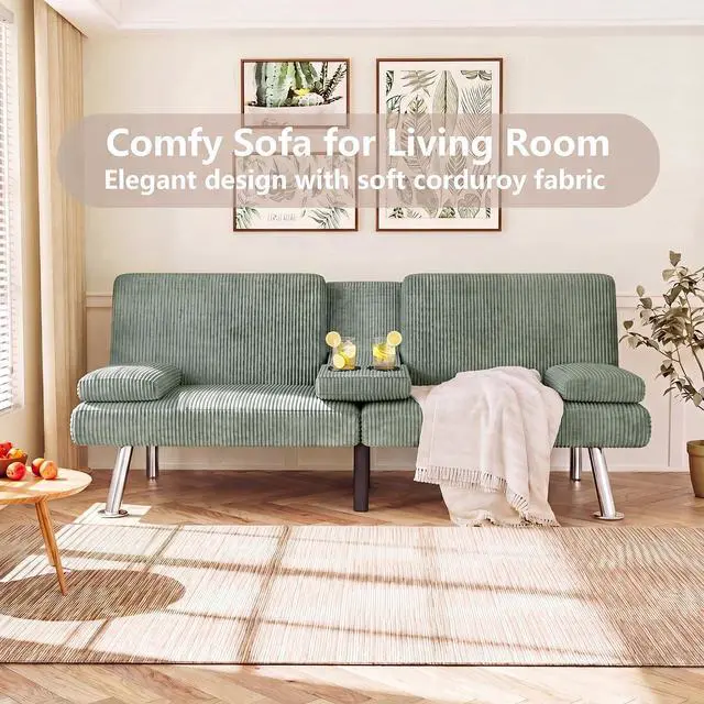 Alt view image 7 of 7 - Futon Sofa Bed Corduroy Folding Couch Adjustable Sleeper Sofa Bed for Small Apartment Upholstered Living Room Furniture Set with 2 Cup Holders Removable Armrests (Corduroy, Green)