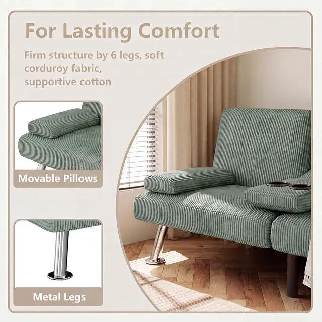 Alt view image 5 of 7 - Futon Sofa Bed Corduroy Folding Couch Adjustable Sleeper Sofa Bed for Small Apartment Upholstered Living Room Furniture Set with 2 Cup Holders Removable Armrests (Corduroy, Green)