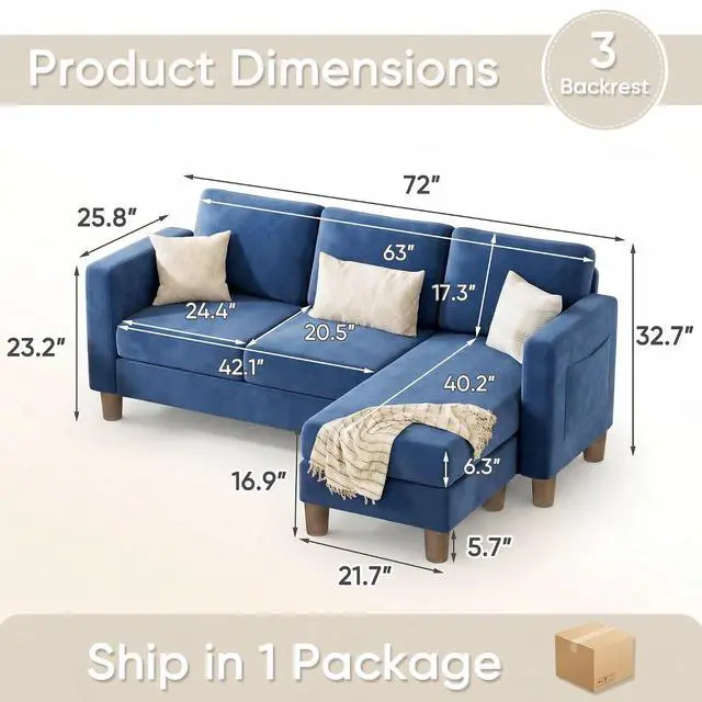 Alt view image 2 of 7 - 72 L Shaped Convertible Sectional Couches for Living Room, Couch with Removeable Ottoman,Small Sectional Sofa for Small Apartments, Living Room and Office (Linen fabic, Blue)