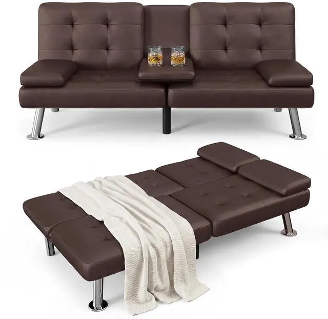Main image of Futon Sofa Bed Modern Folding Futon Set Convertible Recliner Lounge for Living Room with 2 Cup Holders, Removable Armrests (PU Leather, Brown)