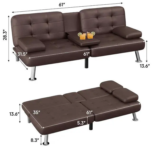 Alt view image 3 of 7 - Futon Sofa Bed Modern Folding Futon Set Convertible Recliner Lounge for Living Room with 2 Cup Holders, Removable Armrests (PU Leather, Brown)