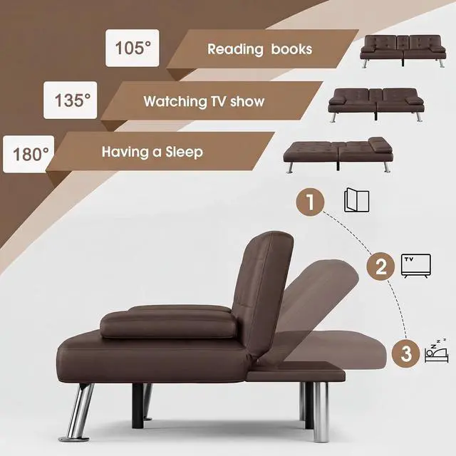 Alt view image 4 of 7 - Futon Sofa Bed Modern Folding Futon Set Convertible Recliner Lounge for Living Room with 2 Cup Holders, Removable Armrests (PU Leather, Brown)