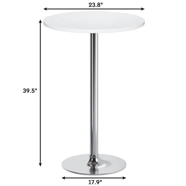 Alt view image 3 of 7 - Round Bistro Pub Table Modern Style Metal Base MDF Top Cocktail Bar Table Counter Bar Height for Pub, Dining Room, Party (1, White-Silver)