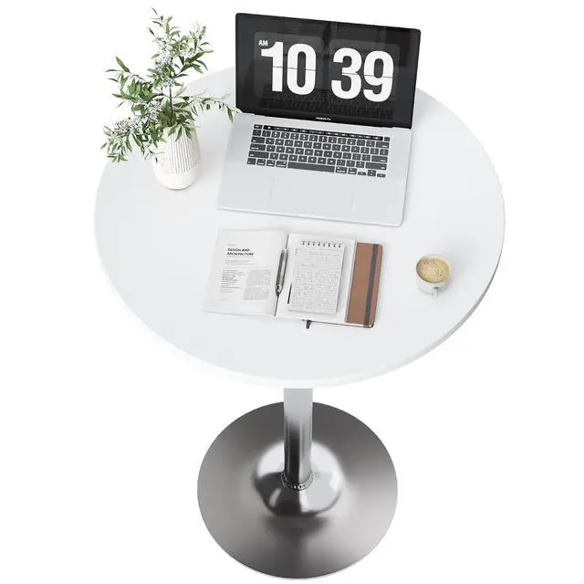 Alt view image 4 of 7 - Round Bistro Pub Table Modern Style Metal Base MDF Top Cocktail Bar Table Counter Bar Height for Pub, Dining Room, Party (1, White-Silver)