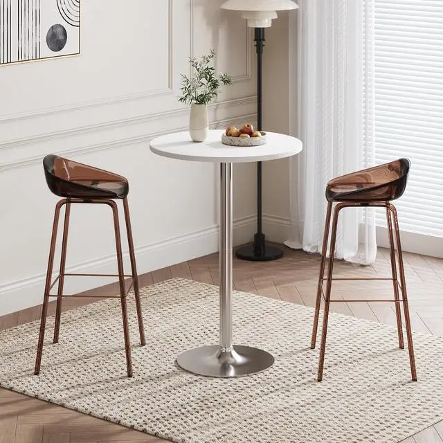 Alt view image 2 of 7 - Round Bistro Pub Table Modern Style Metal Base MDF Top Cocktail Bar Table Counter Bar Height for Pub, Dining Room, Party (1, White-Silver)
