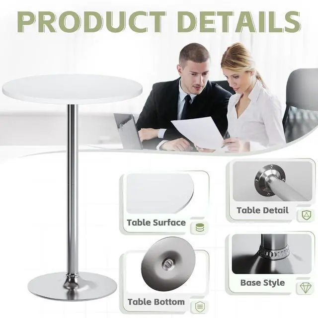 Alt view image 5 of 7 - Round Bistro Pub Table Modern Style Metal Base MDF Top Cocktail Bar Table Counter Bar Height for Pub, Dining Room, Party (1, White-Silver)